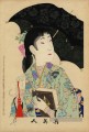 Une femme retenant un parapluie de style occidental et un livre de style occidental Toyohara Chikanobu